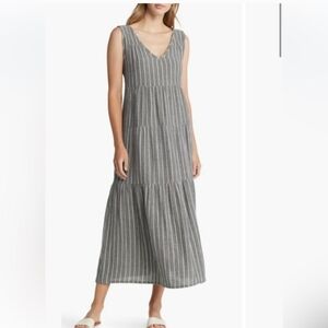 Marine Layer Corinne Gauzy Tiered Cotton Dress Size M Charcoal Striped
